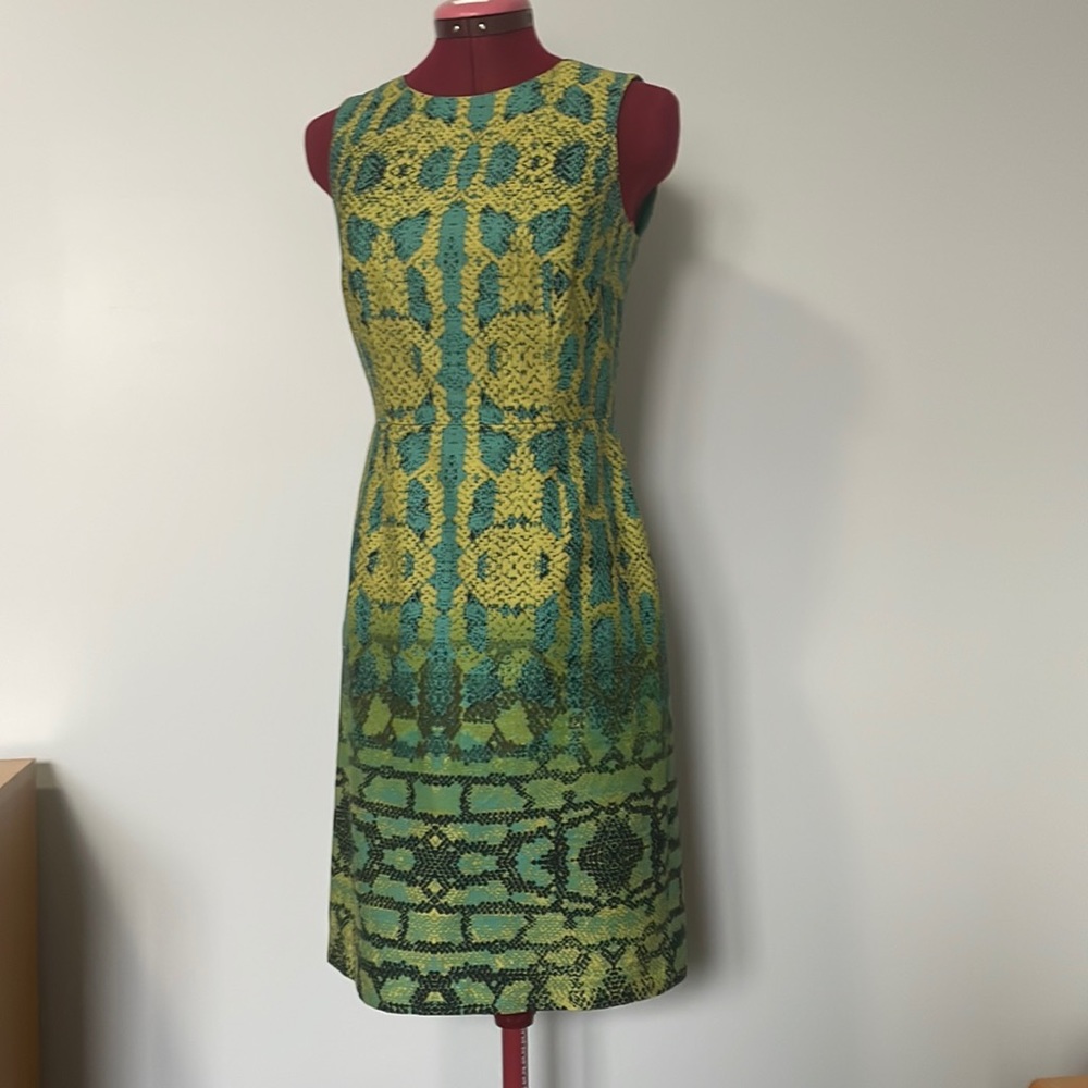 Beautiful blue-green-yellow snake print sheath dress